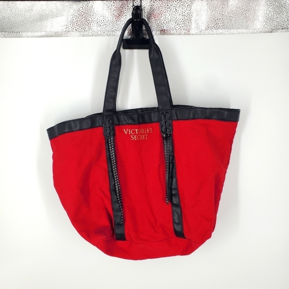 Victoria's Secret Large Red Canvas Tote Bag Black Faux Leather Studded Tassels